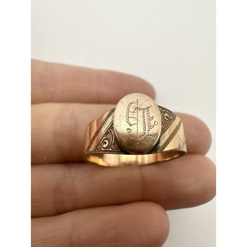 Antique Engraved Initials Gold Tone Signet Ring Size 9.5